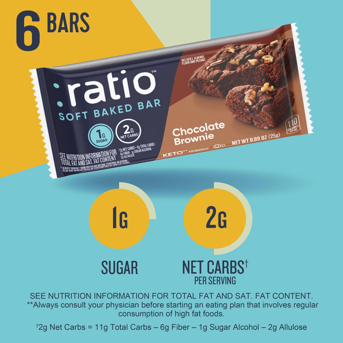 Ratio Soft Baked Bars, Chocolate Brownie, 1G Sugar, Keto Friendly, 5.34 Oz (6 Bars)