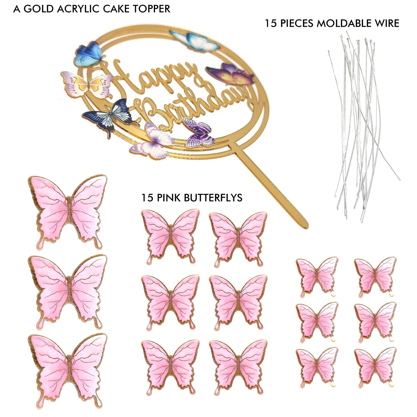 Butterfly Cake Toppers Decorations - 1 Big Happy Birthday Cake Topper & 15Pcs 3D Pink Gold Cupcake Toppers - Party Supplies For