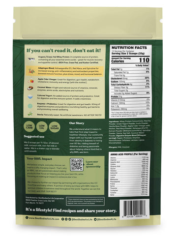 BBfL Grass-Fed Whey Protein Shake, 21g Protein, Matcha & Apple Cider Vinegar, Prebiotics, 15 Servings
