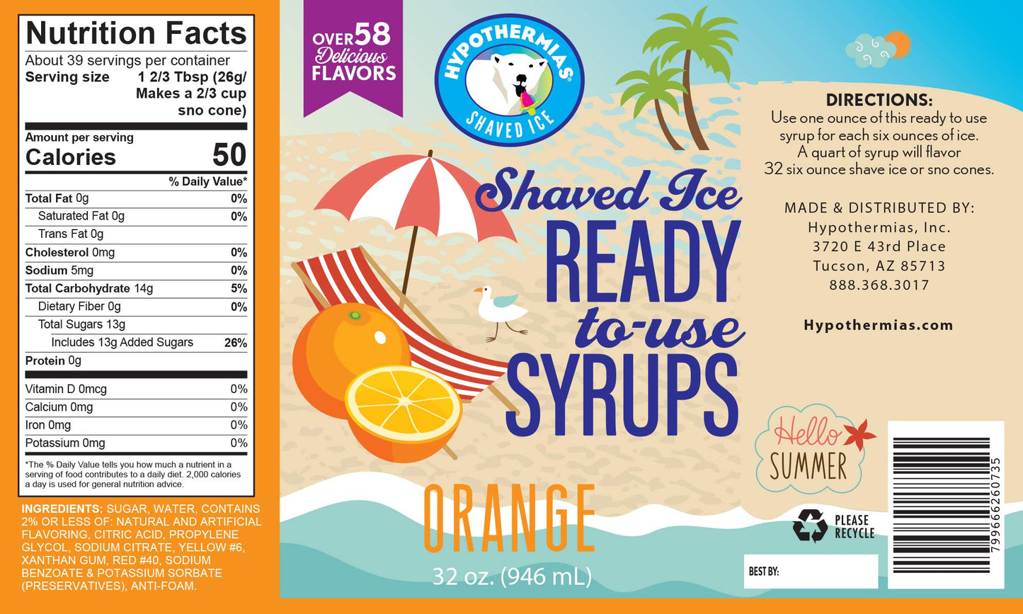 Hypothermias Shaved Ice & Snow Cone Syrup - Quart (32 fl. oz) - Orange - Made with Non-GMO 100% Pure Cane Sugar, No Corn Syrup -