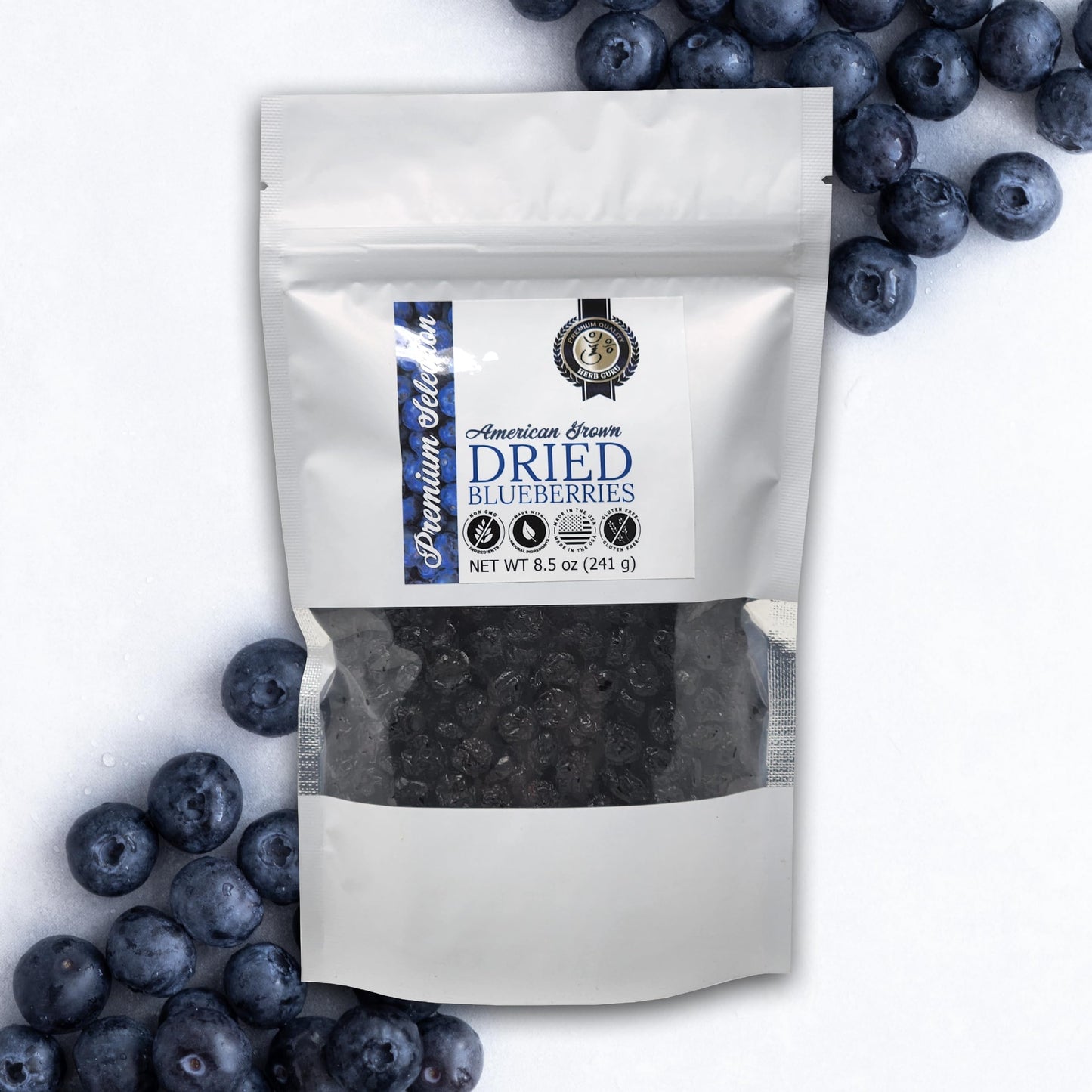 Herb Guru Whole Dried Blueberries | American Grown | All Natural, Non-GMO, Preservative Free - 8.5oz (8.5 Ounce (Pack of 1))