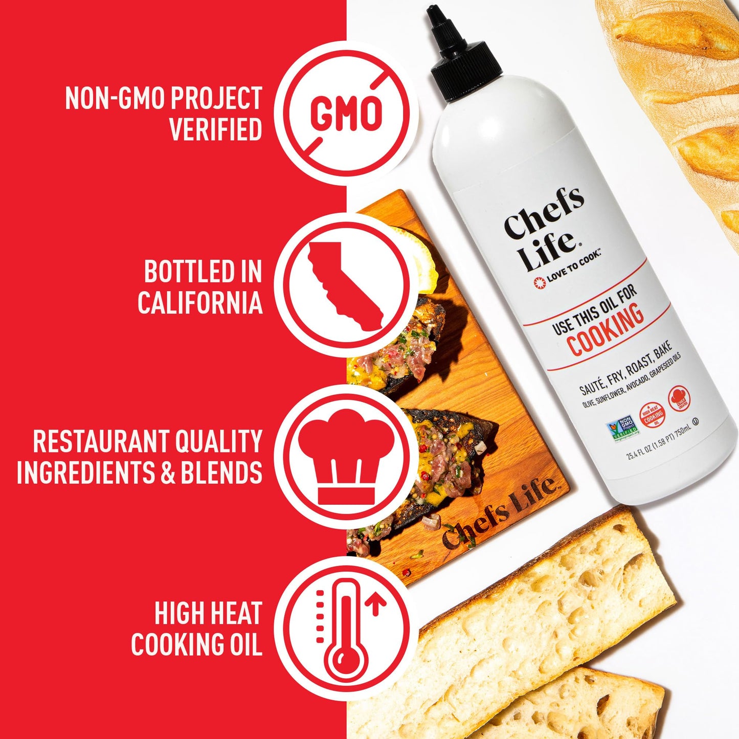 Chefs Life Cooking Oil - Gourmet Blend of Olive, Avocado, Sunflower & G seed Oil, Non-GMO, 25.4 Fl Oz Squeezable Bottle