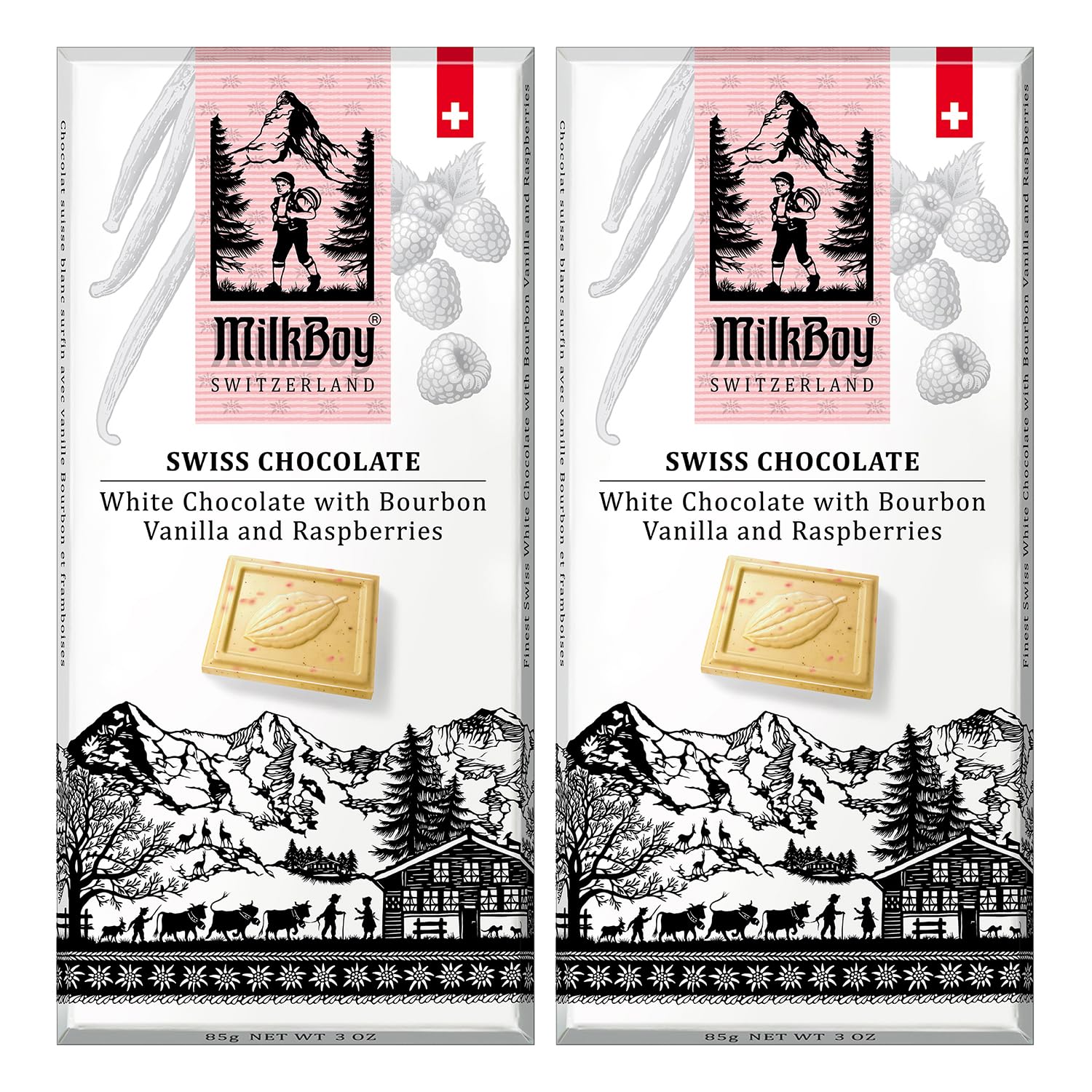 Milkboy Swiss Chocolates - Top-Grade White Chocolate Bars With Flavor Blend Vanilla And Raspberry - Candy Bars  Gluten Free  Non-Gmo  Kosher - 3 Oz (Pack Of 2)