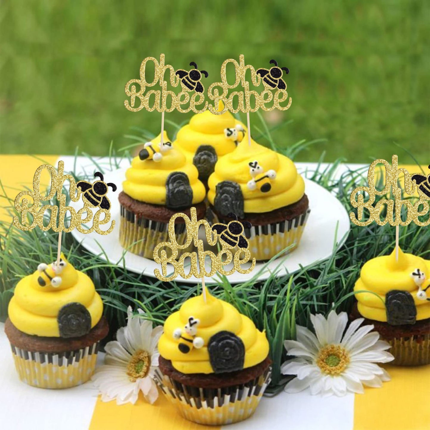 Gyufise 24Pcs Bumble Bee Cupcake Toppers Oh Babee Cupcake Picks Gold Glitter Oh Baby Cupcake Picks For Baby Shower Birthday Part