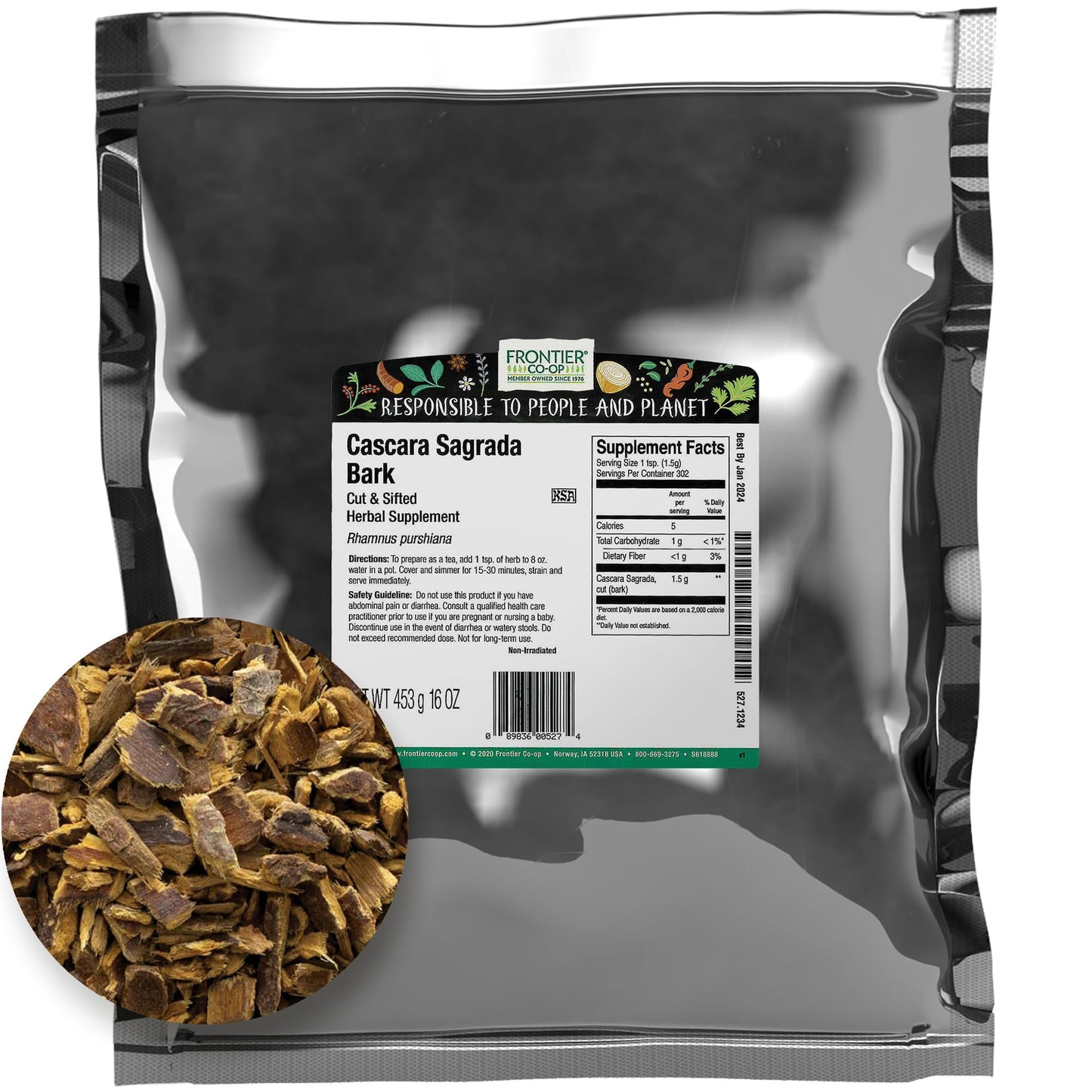 Frontier Co-op Cut and Sifted Cascara Sagrada Bark, 1 lb Bulk Bag, Model 0-89836-00527-4