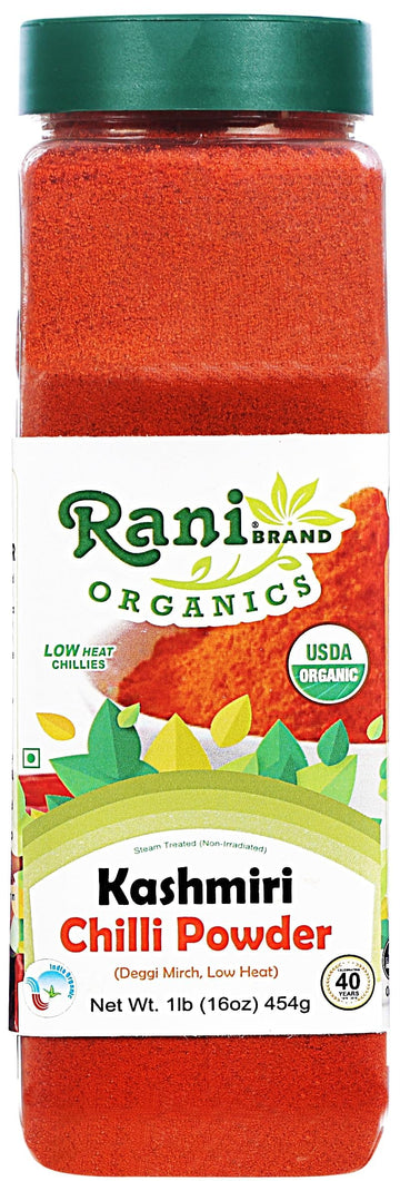 Rani Organic Kashmiri Chilli Powder (Deggi Mirch, Low Heat) 16oz (1lb) 454g PET Jar ~ All Natural | Vegan | Gluten Friendly | NO