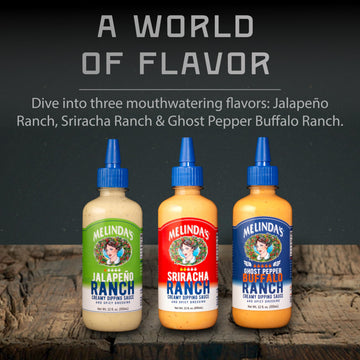 Melindas Spicy Ranch Collection - Variety Gourmet Sauce Gift Set with Creamy Sriracha, Ghost Pepper Buffalo & Jalapeno Ranch Dip