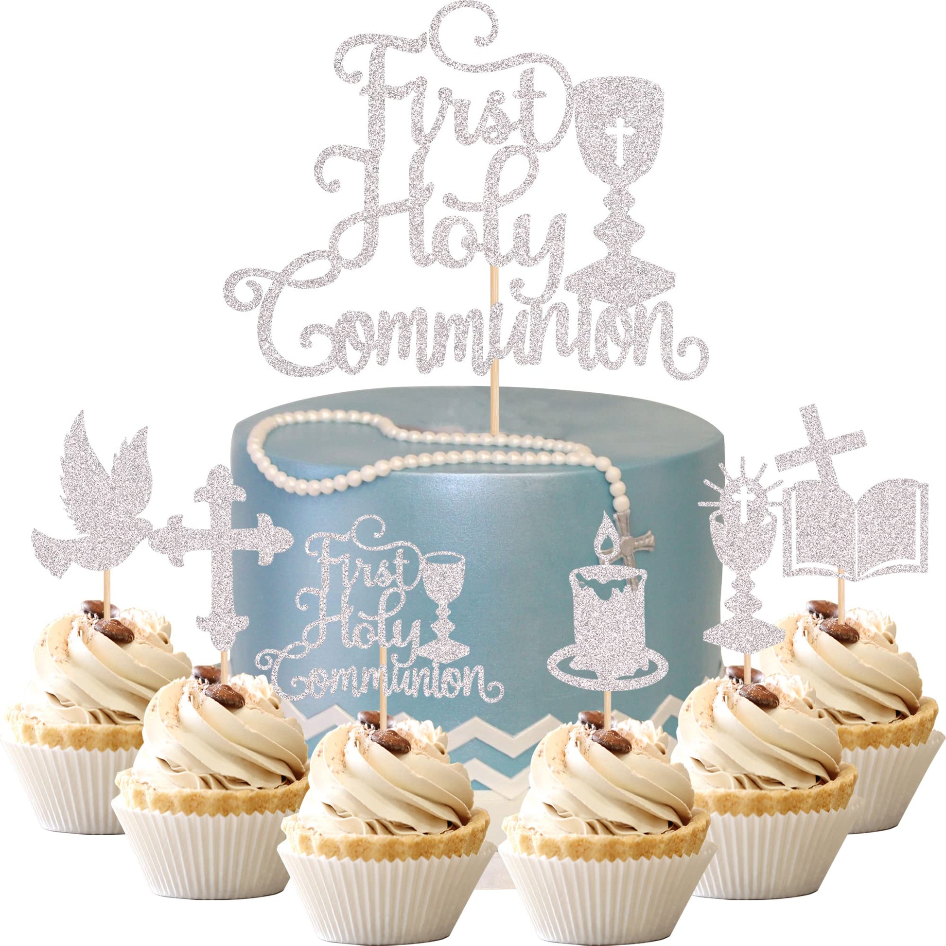 ZHUOWEISM Cupcake Toppers, 25 PCS Glitter First Communion Decorations, Silver, Bamboo, Small Size