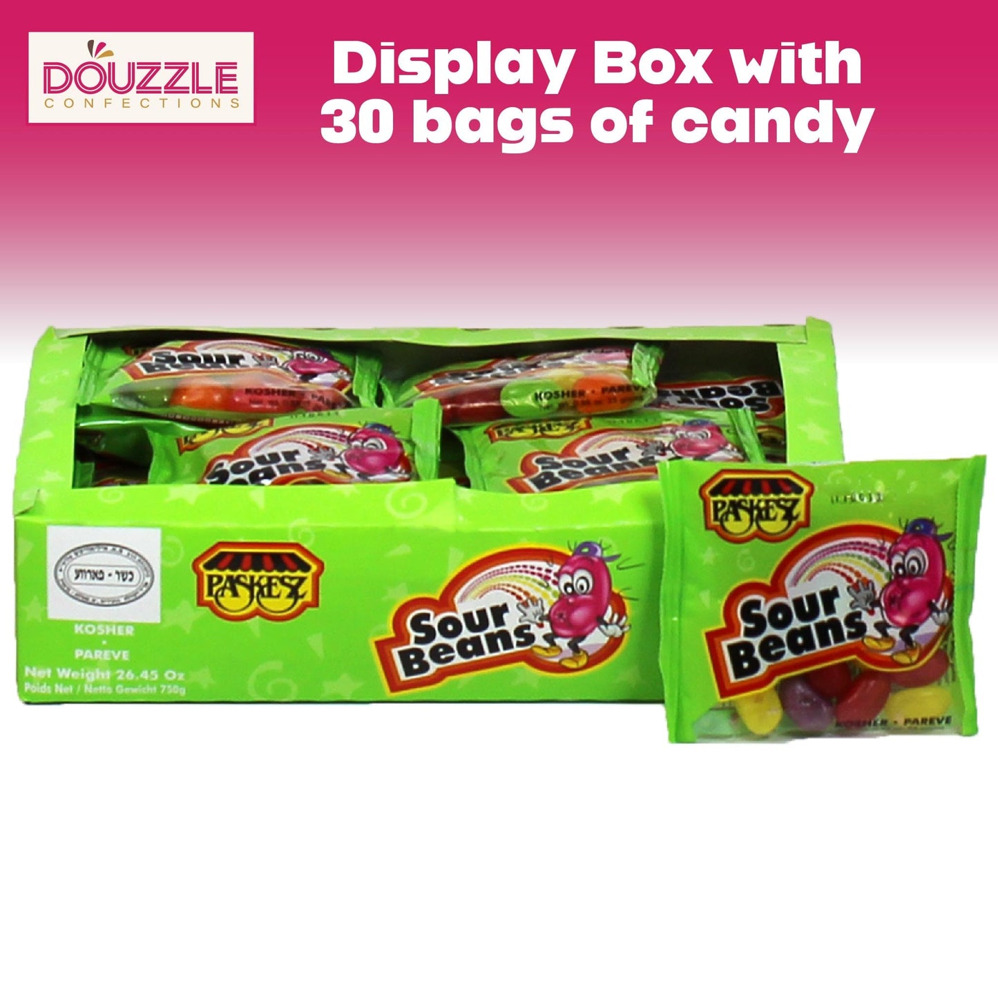 DOUzzle Back To School Sour Jelly Beans Chewy Candies, Mini Packs (30 Count, 1 Pack) Individually Wrapped, Party Favor, Goodie B