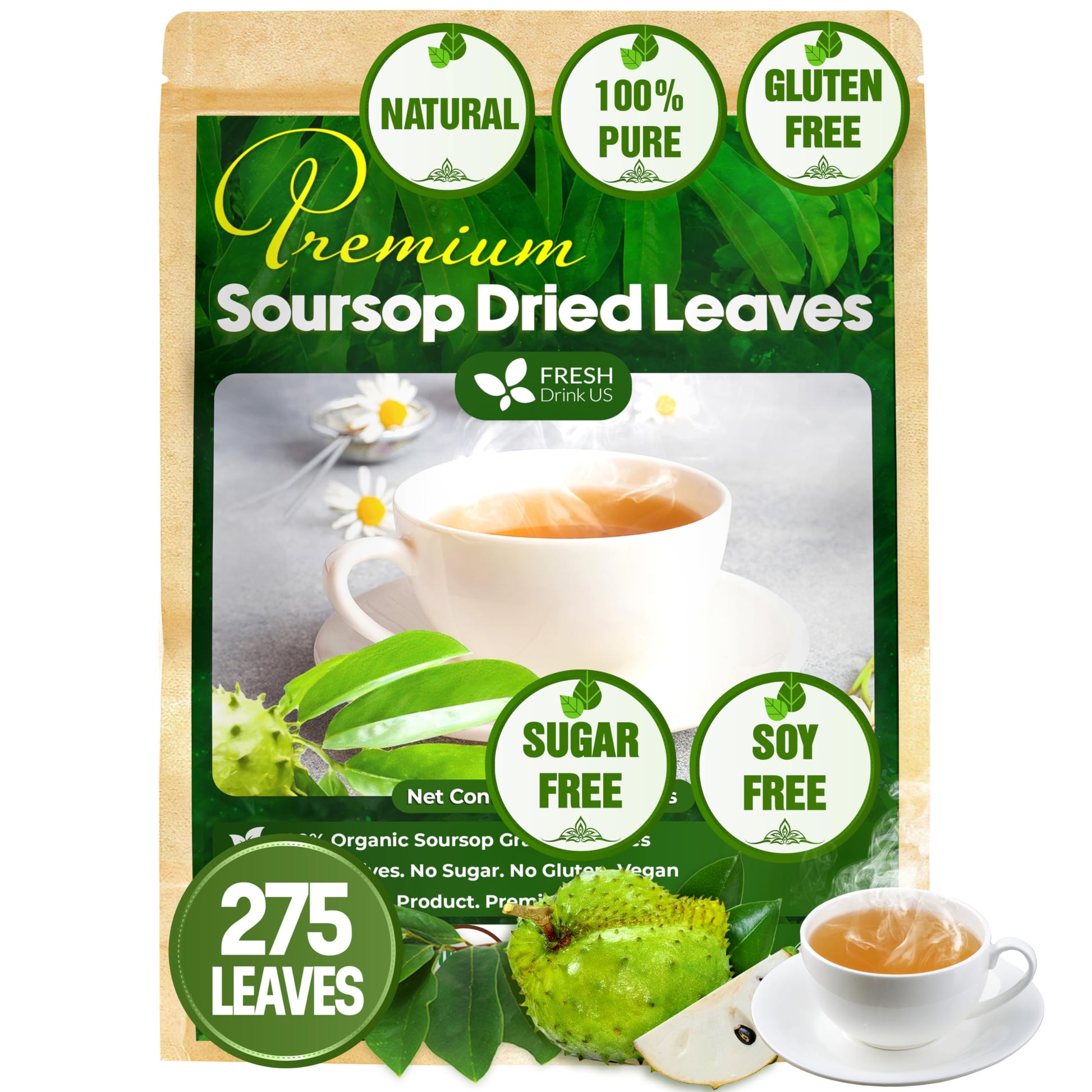 FRESHDRINKUS Soursop Graviola Whole Dried Leaves Tea, 275 Count, Wildcrafted Herbal Tea, Vegan, Gluten-Free