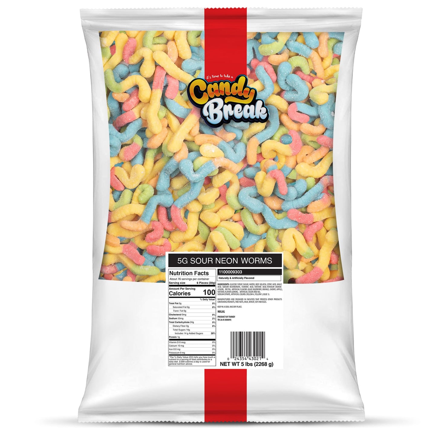 Candy Break Sour Neon Worms Gummy Candy 5 Lbs Share Size Bag Pack Of 1 - Sour & Chewy Gummies Bulk Candy Pack - Snacks For Kids