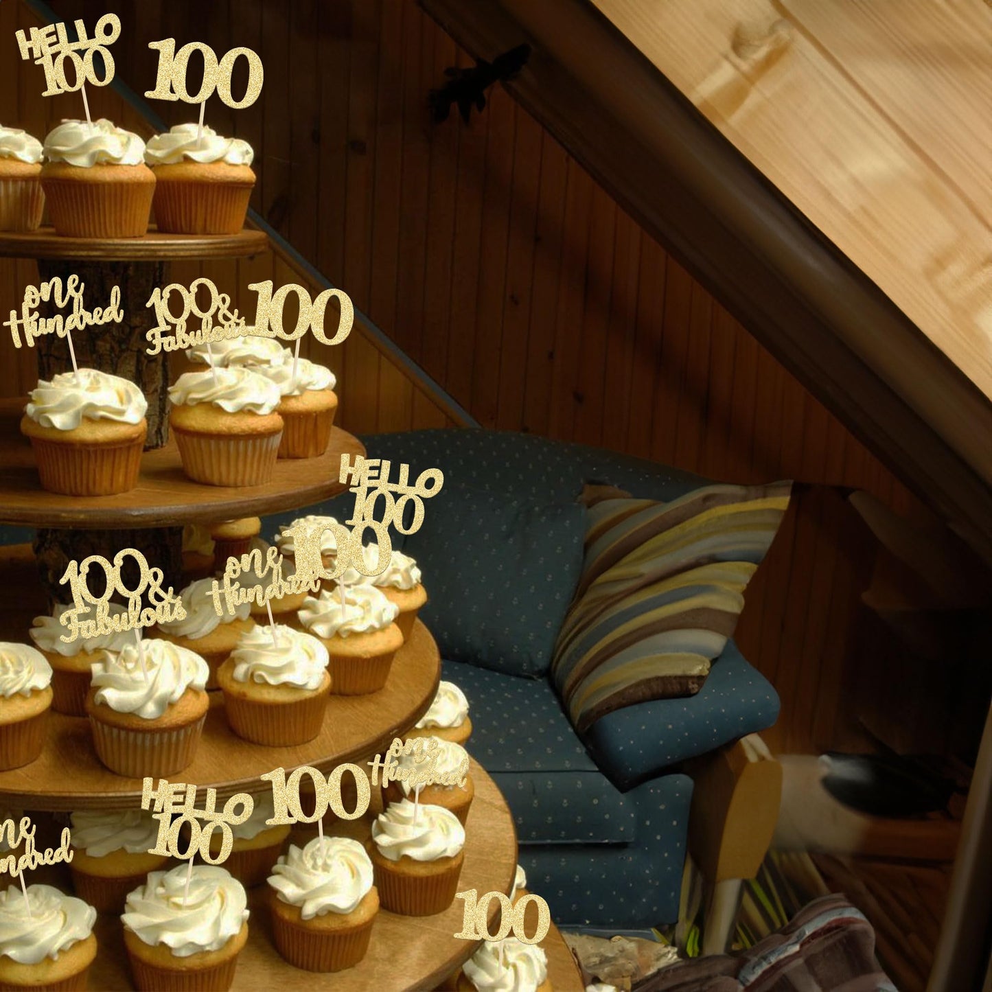 Gyufise 24Pcs Gold Glitter 100Th Birthday Cupcake Toppers Hello 100 One Hundred Cake Toppers 100 & Fabulous Cupcake Picks For 10
