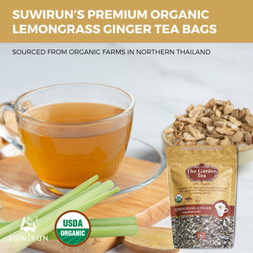 Suwirun Organic Lemongrass And Ginger (25 Tea Bag) - Pure Organic Herbal Tea Thai Herbal Tea Bags Lemongrass Tea Bags And Ginger