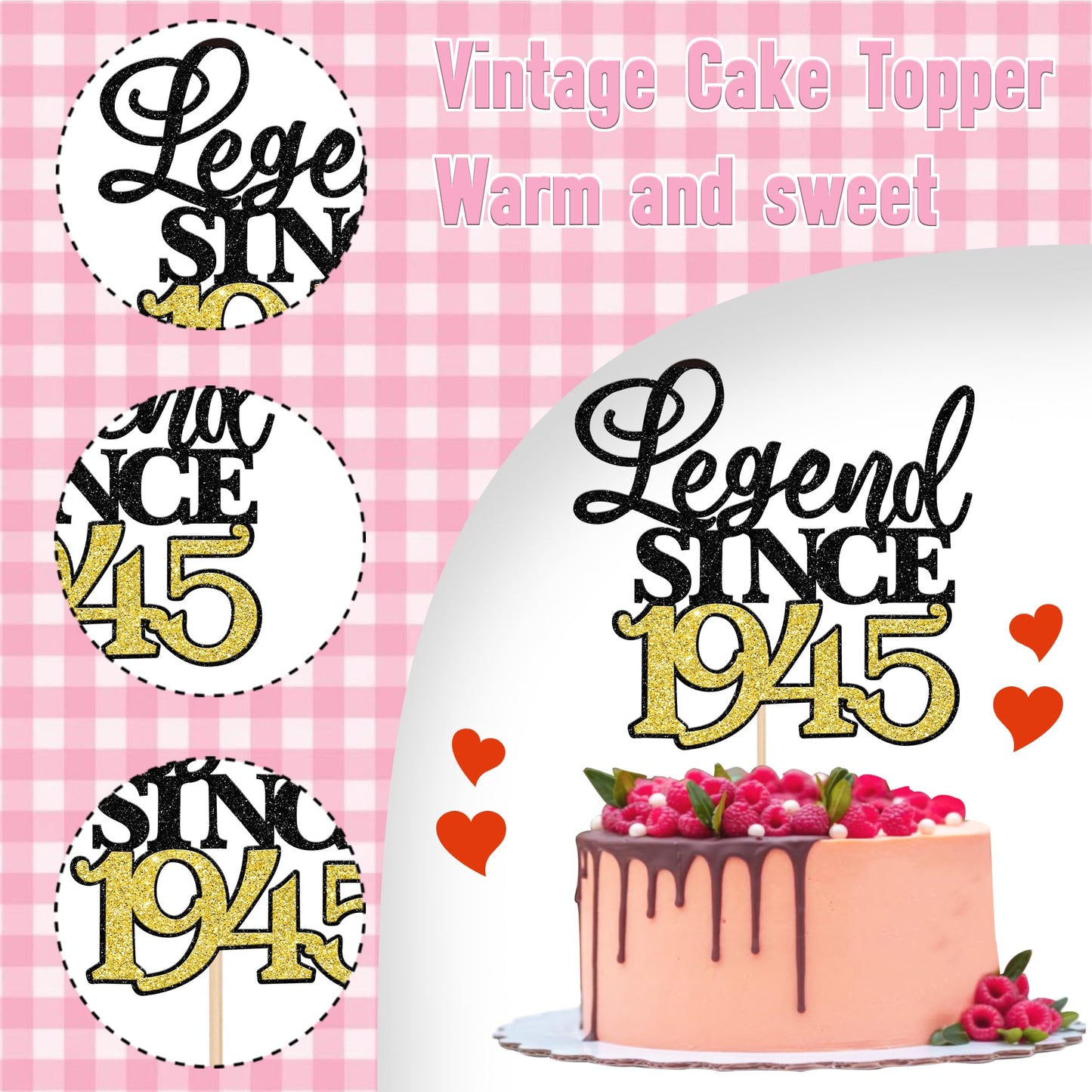 Rssta i Cake Topper 80th Birthday Decoration Black Gold Glitter Paper Model XM398