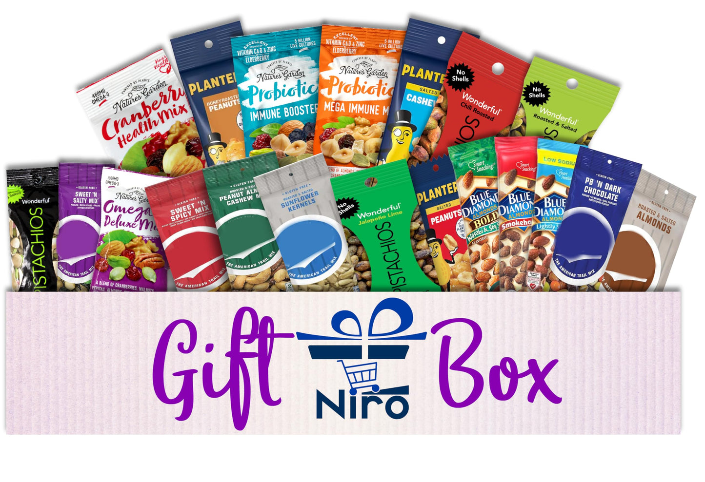 Niro Gift Basket With Individual Single Serve Packs- Trail Mix Snacks Variety Pack For Mature-Themeds - 40 Pack: Healthy Snacks For Mature-Themeds, 20 Different Nuts And Trail Mixes