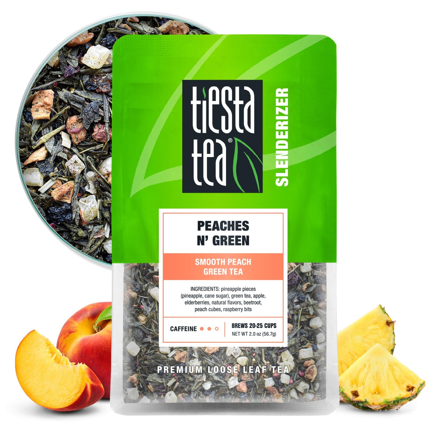 Tiesta Tea Peaches N Green Loose Leaf Tea, Premium Medium Caffeinated Blend, 2.0 oz Pouch, Brews Up to 25 Cups