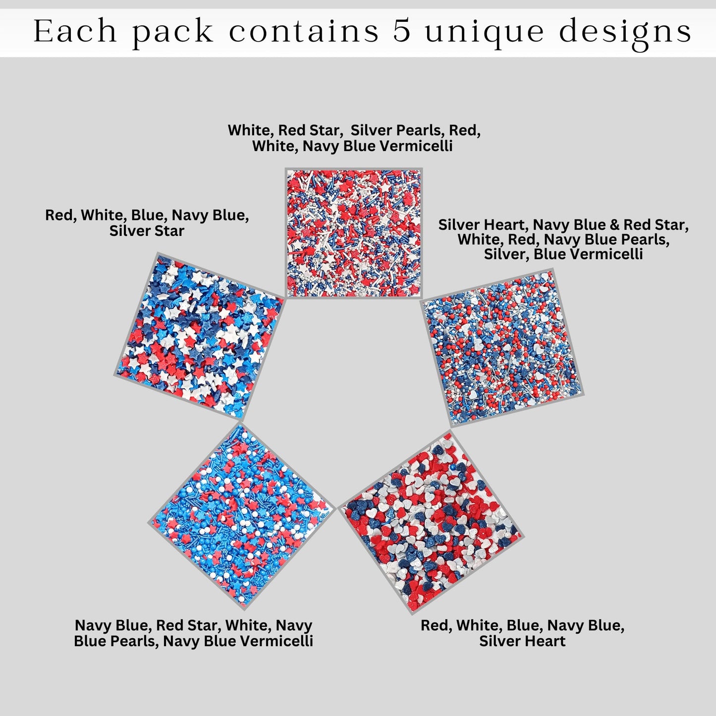Confect Patriotic Sprinkles | Assorted Pack of 5 Mix Red, White & Blue Sprinkles | Heart & Star Pearls & Jimmies For Cake & Cupc