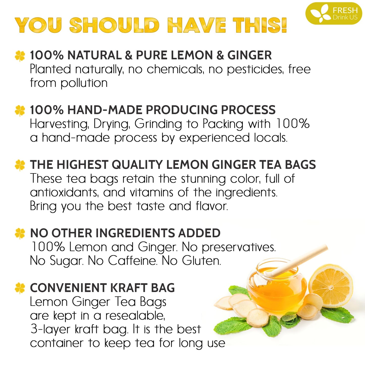 FRESHDRINKUS Lemon Ginger Herbal Tea Bags, 100% Natural, Vegan, 75 Tea Bags