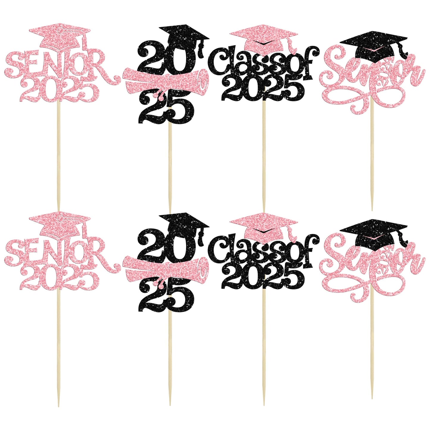 Gyufise 24Pcs Graduation Cupcake Toppers, Glitter Senior Class of 2025, Paper, Pink