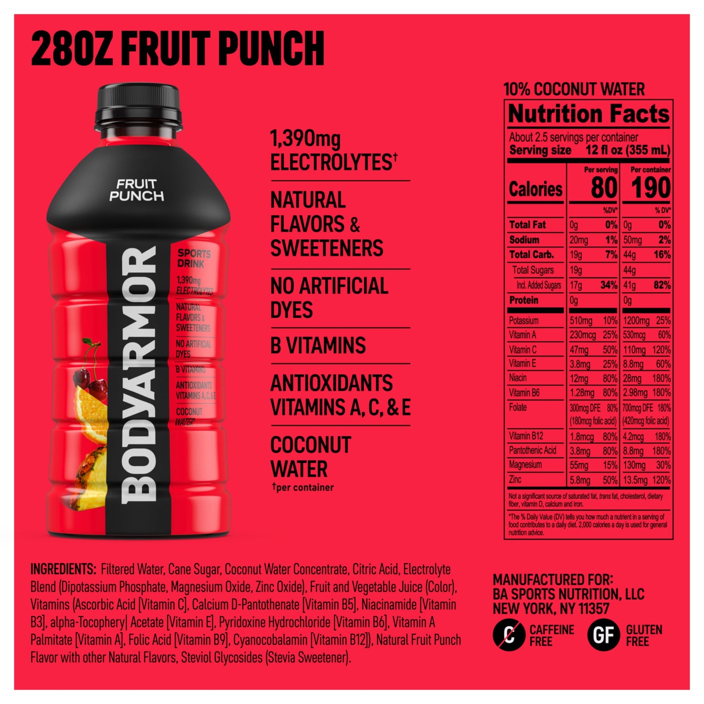 BODYprotective covering Sports Drink  Fruit Punch  Electrolyte Drink Hydration  28 Fl Oz Bottles (15 Pack)  Flavored Coconut Water with B Vitamins & Antioxidants