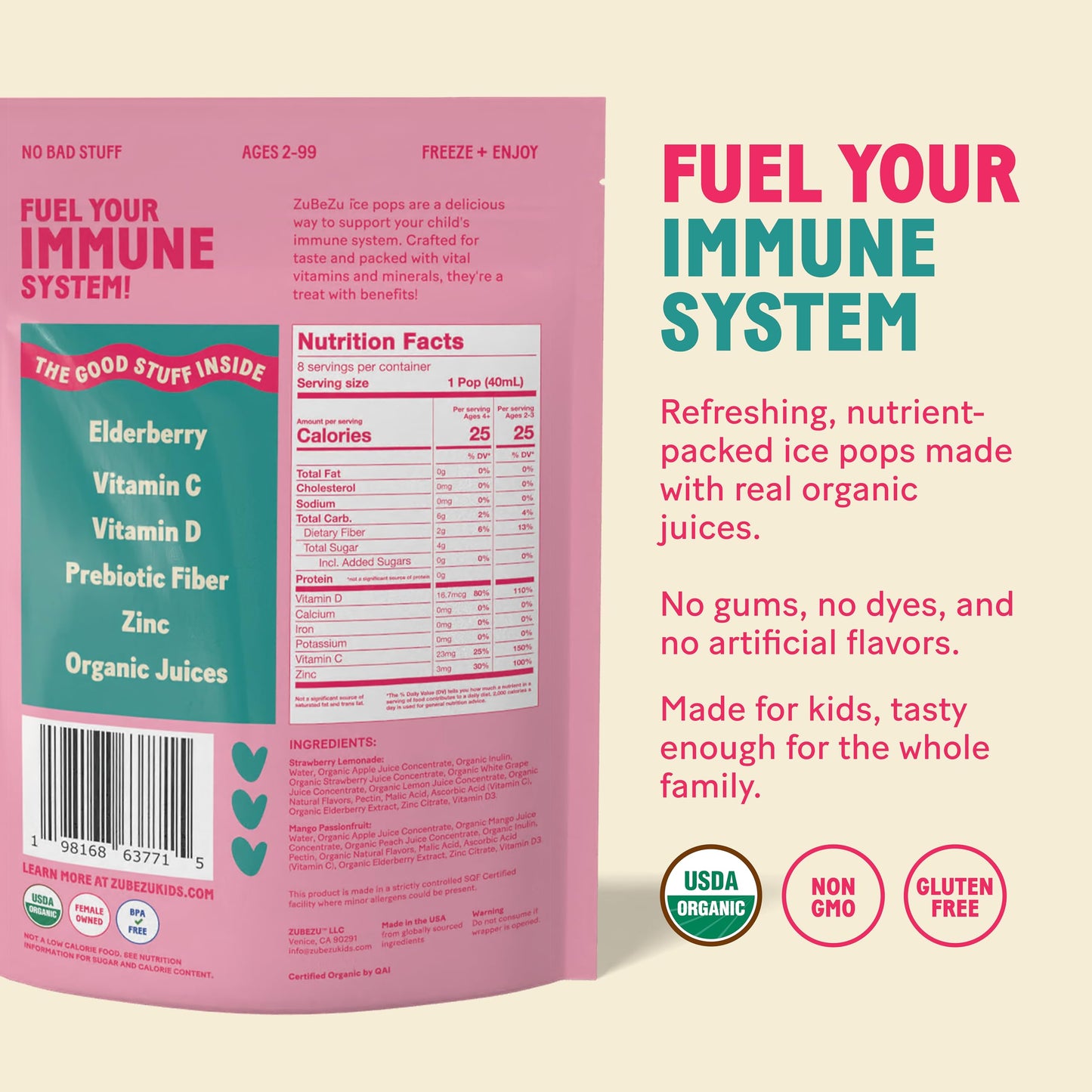 ZuBeZu Organic Immunity Ice Pops - Natural Support for Childrens Immune System with Elderberry  Vitamin C & D  and Zinc - No Added Sugar and 100% Fruit Juice