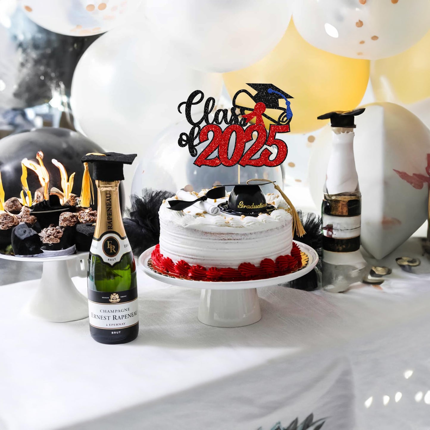 Gyufise 1 Pack Red Class Of 2025 Cake Topper Glitter Congrats Grad Cap Cake Pick 2025 Graduation Theme Party Cake Decorations