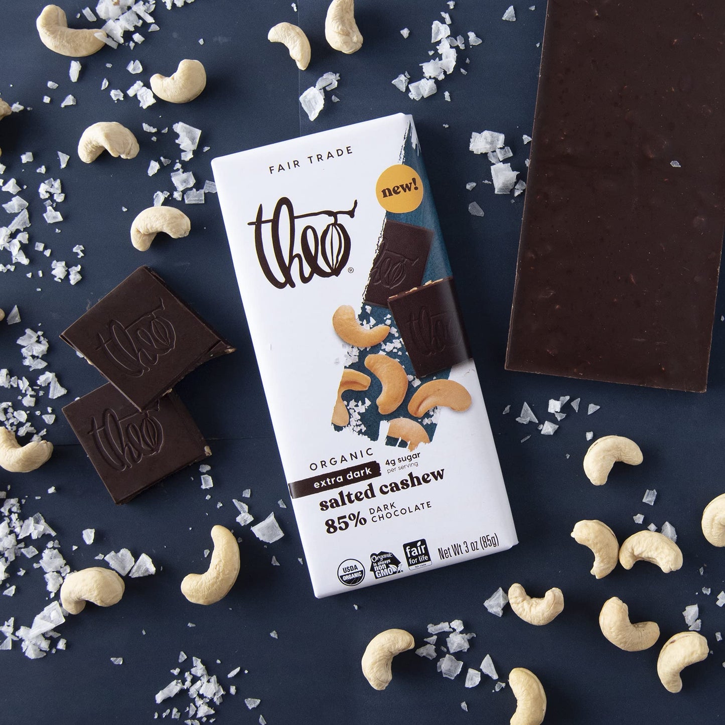 Theo Salted Cashew Organic Dark Chocolate Bar, 85% Cacao, 1 Bar | Vegan, Fair Trade