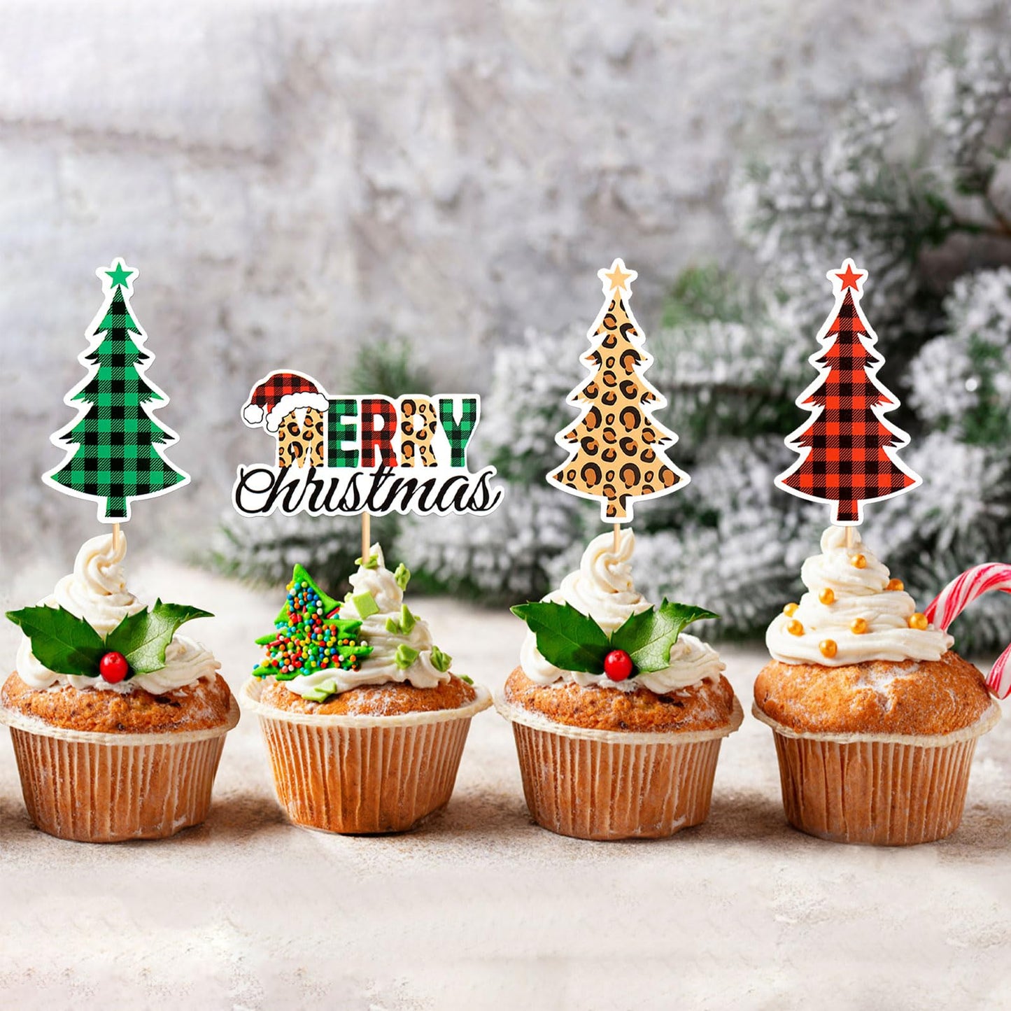 Ercadio Christmas Trees Cupcake Toppers - 24 Pack, Paper, D-merry Trees, Holiday Theme Decorations for Parties and Celebrations