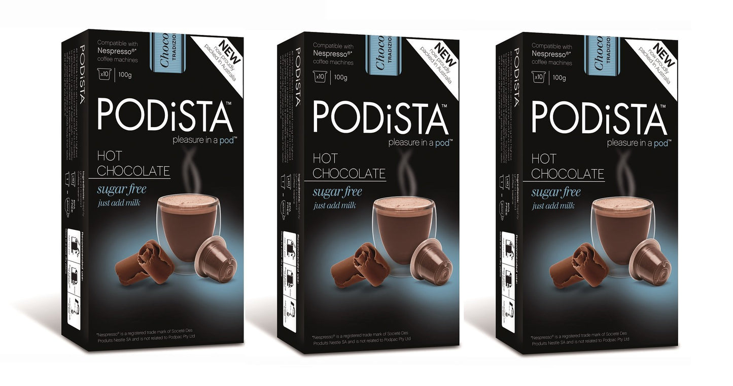 Podista Hot Chocolate Nespresso Compatible Capsules - Sugar Free - 30 Pods in 3 Boxes