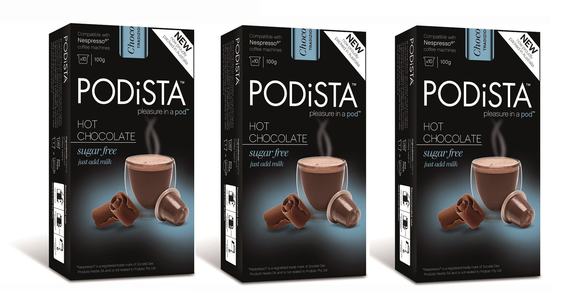 Podista Hot Chocolate Nespresso Compatible Capsules - Sugar Free - 30 Pods in 3 Boxes