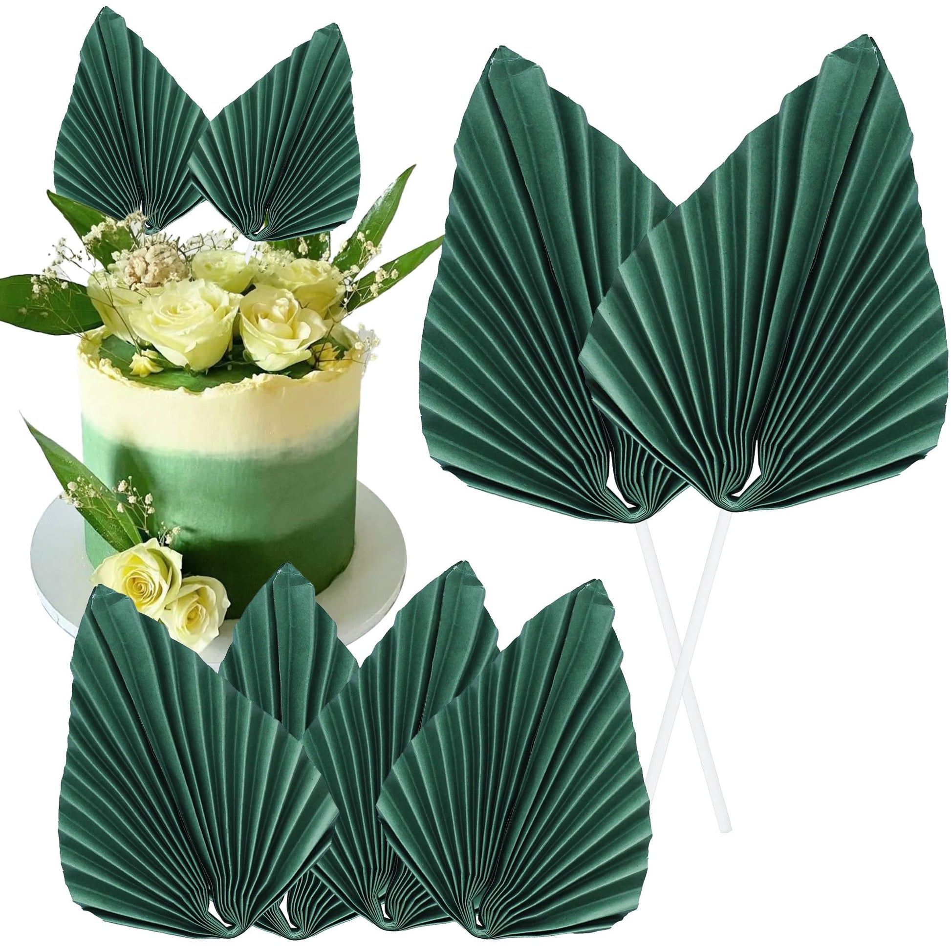 Gyufise 6Pcs Paper Palm Fan Cake Toppers, Green, W 4.7 x H 5.1 inches, Model ZN0680-6, Perfect for Birthday and