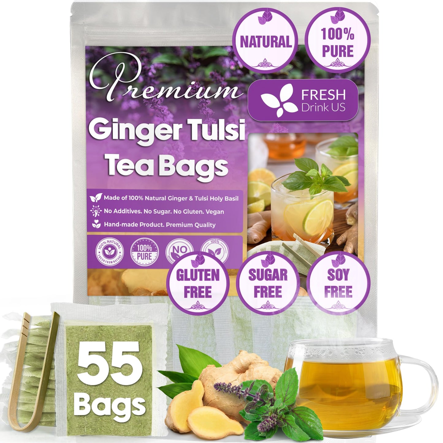 FRESHDRINKUS Ginger Tulsi Herbal Tea Bags, 100% Natural, Vegan, 55 Tea Bags