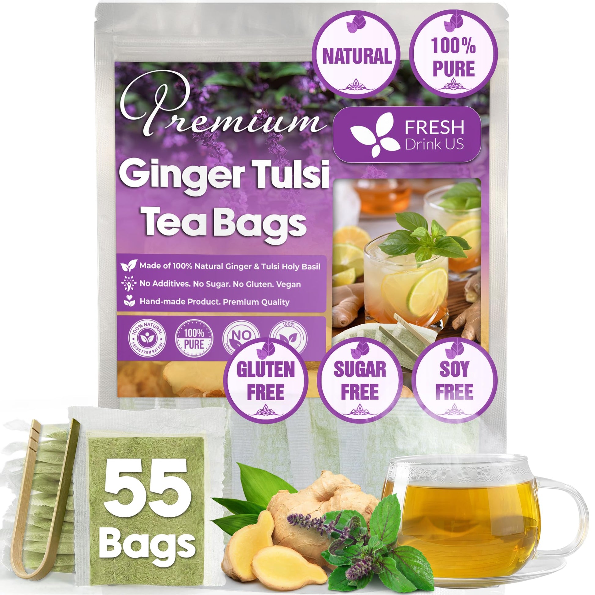 FRESHDRINKUS Ginger Tulsi Herbal Tea Bags, 100% Natural, Vegan, 55 Tea Bags