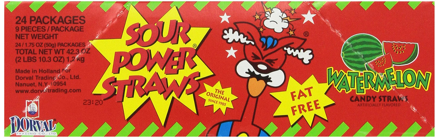 Sour Power Candy Straws, Watermelon, 1.75 Ounce, Pack Of 24