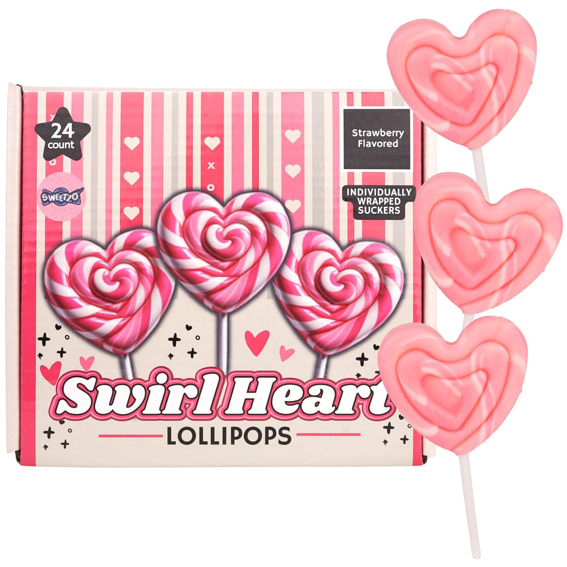 Sweetzo Swirl Lollipops, Strawberry Flavored, 24 Individually Wrapped Suckers, 15.6 cm x 6.1 cm x 18 cm, Pink Heart