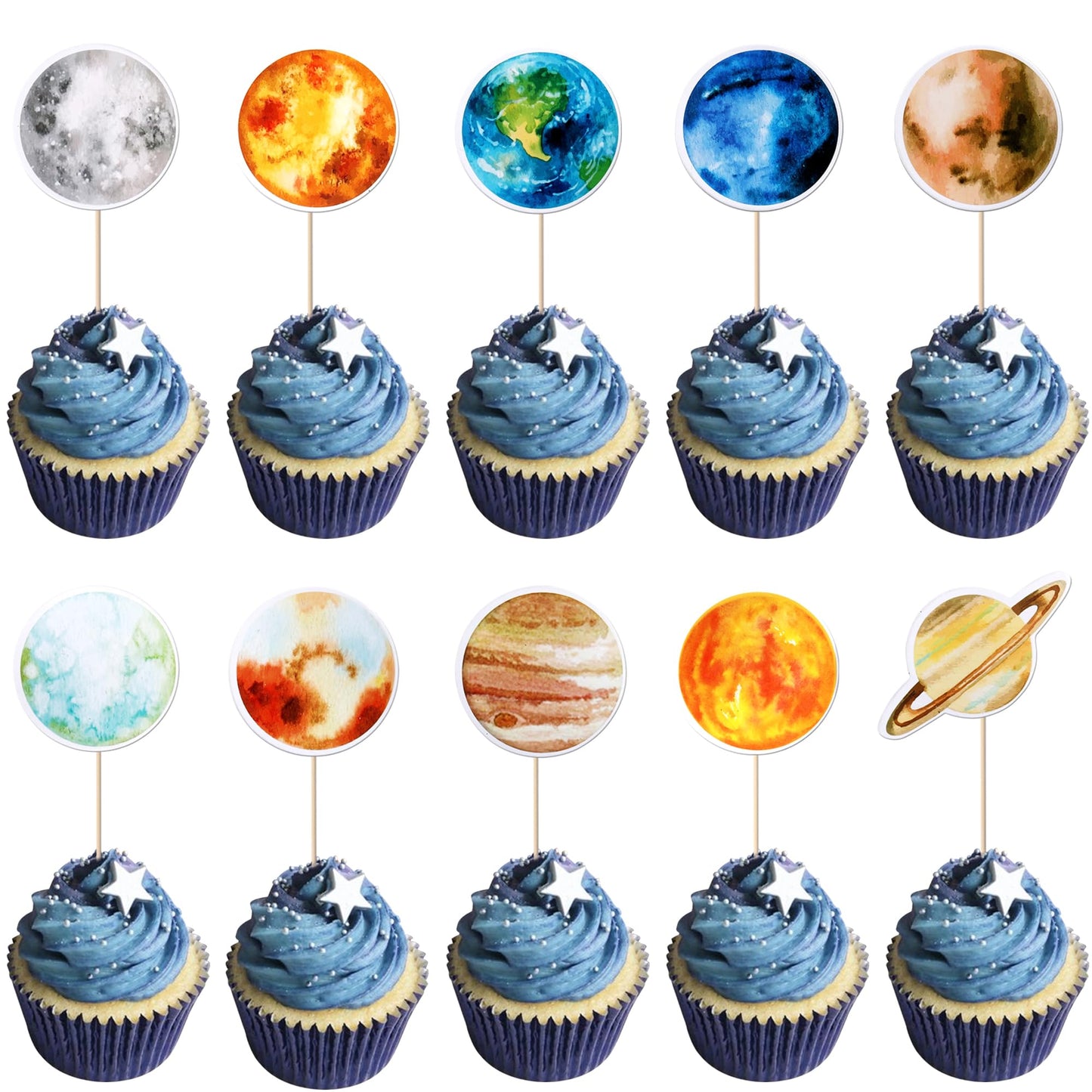 YCTHUNFISH Outer Space Cupcake Toppers, 40 Pack, Paper, Planet Rocket Spaceship, Birthday Party Decorations, Multi-Color