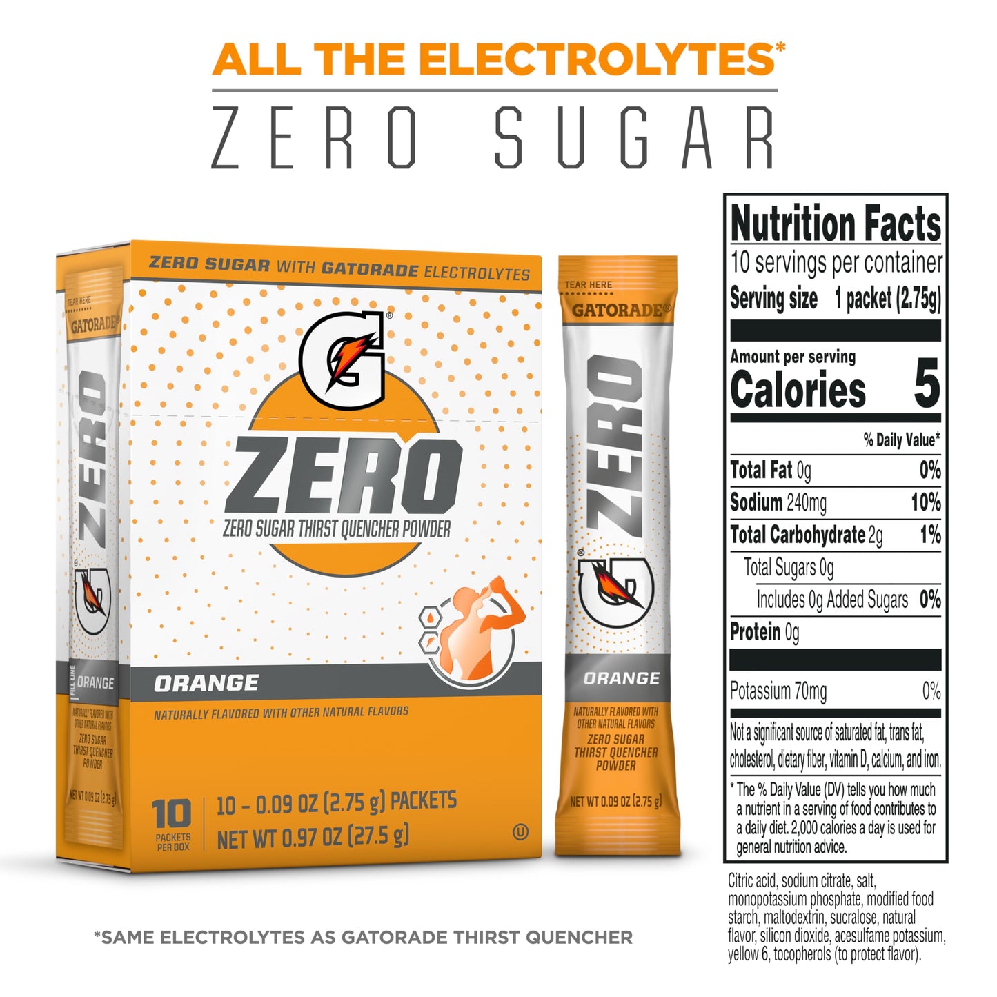 Gatorade G Zero Powder, Orange, 0.10oz Packets, 120 Count, 12 Pack - Sugar-Free Electrolyte Drink Mix for Hydration