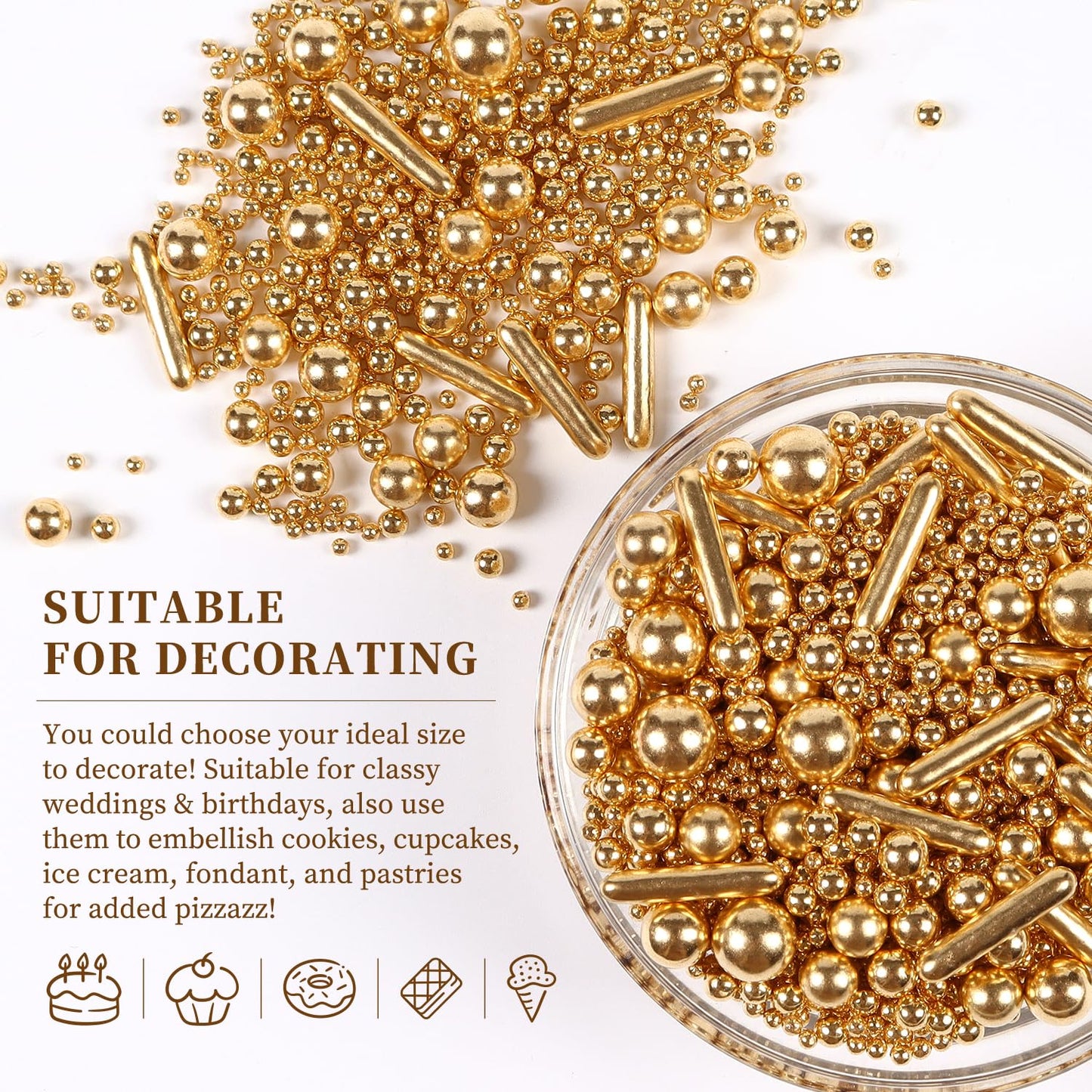 Gold Pearl Sprinkles For Cake Decorating, Gold Pearl Metallic Rod Mix, 4.23 Oz Gold Sprinkles For Cupcakes, Ice Cream, Cookies,