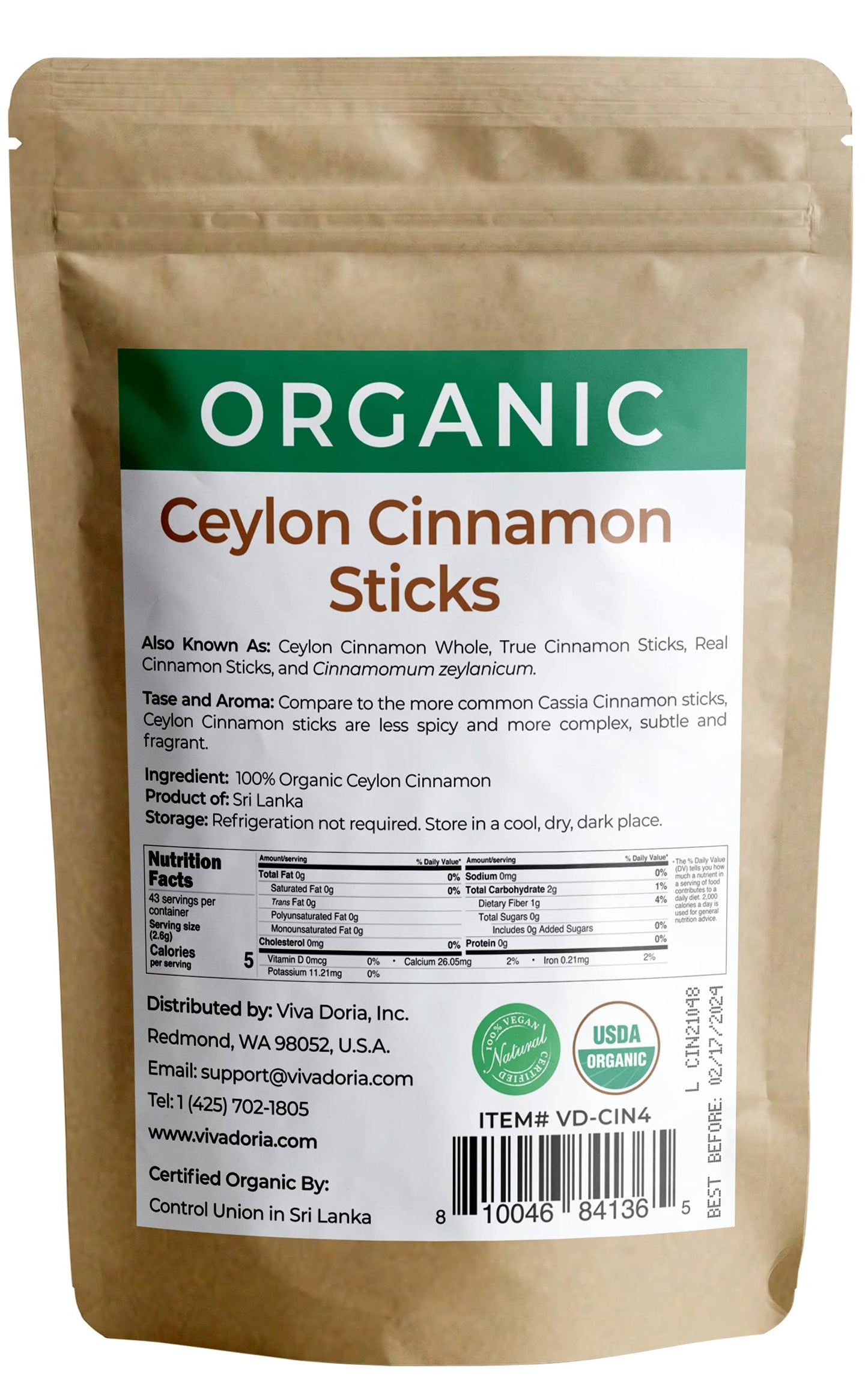 Viva Doria Organic Ceylon Cinnamon Sticks, 5'' Cut, Cinnamomum Zeylanicum, True Cinnamon, 4 Oz, | 18-20 Sticks | 100% Raw From S