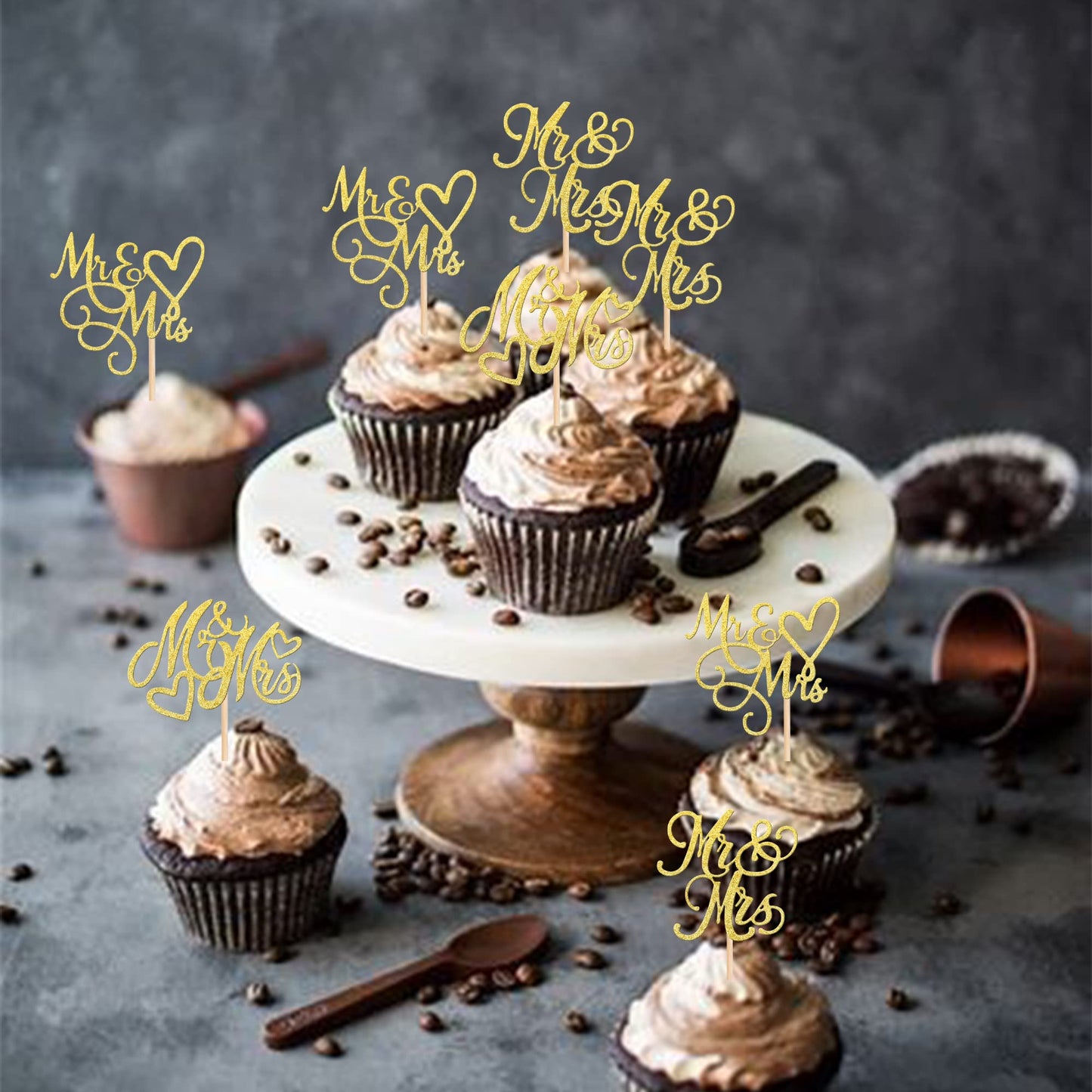 24 Pcs Mr & Mrs Cupcake Toppers Glitter Love Heart Cupcake Picks Wedding Engagement Cake Decorations For Bridal Shower Theme Bir