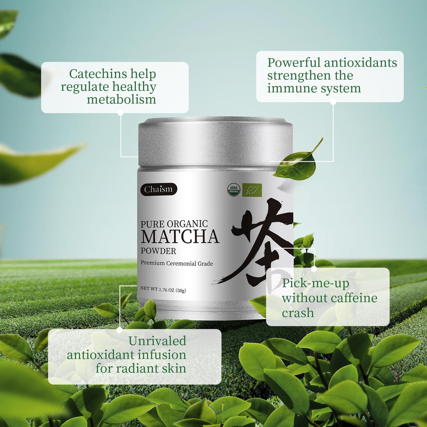 Chaism Ceremonial Grade Matcha Green Tea Powder - USDA Organic, Gluten-Free, Vegan, 1.76oz Tin