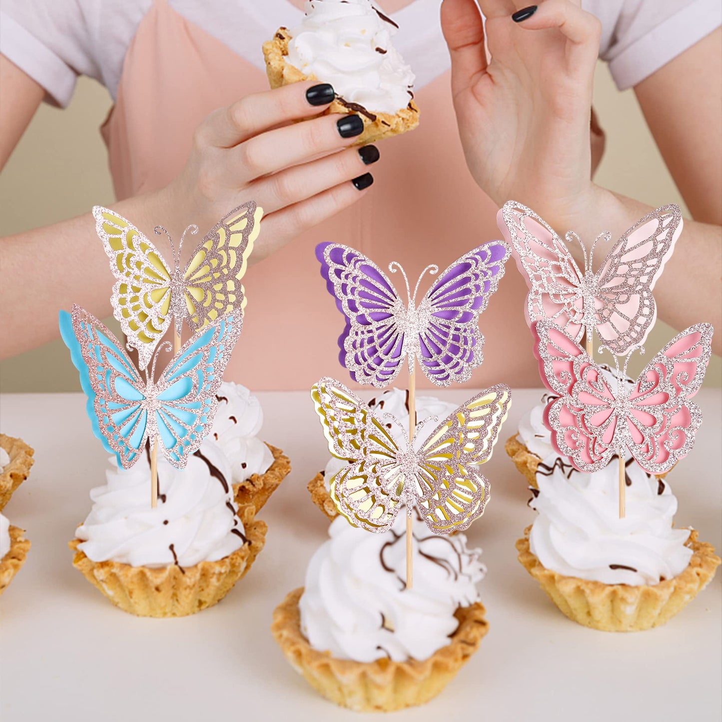 Rssta i Butterfly Cupcake Toppers - 24 Pack Glitter Double Layers - Baby Shower, Wedding, Birthday Party - Rose Gold
