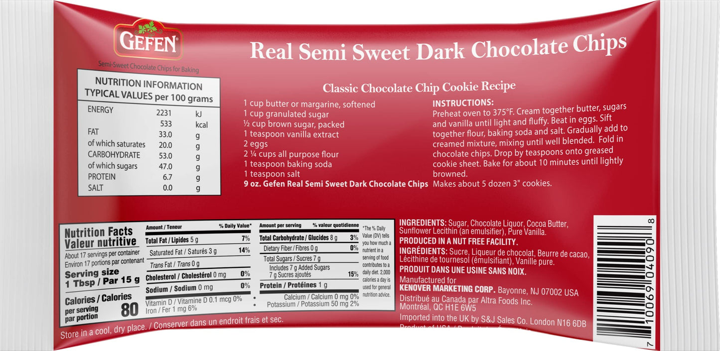 Gefen Vegan Semi Sweet Real Dark Chocolate Chips, Dairy Free 9Oz (6 Pack),Nut Free, Lactose Free, Kosher, Great For Baking