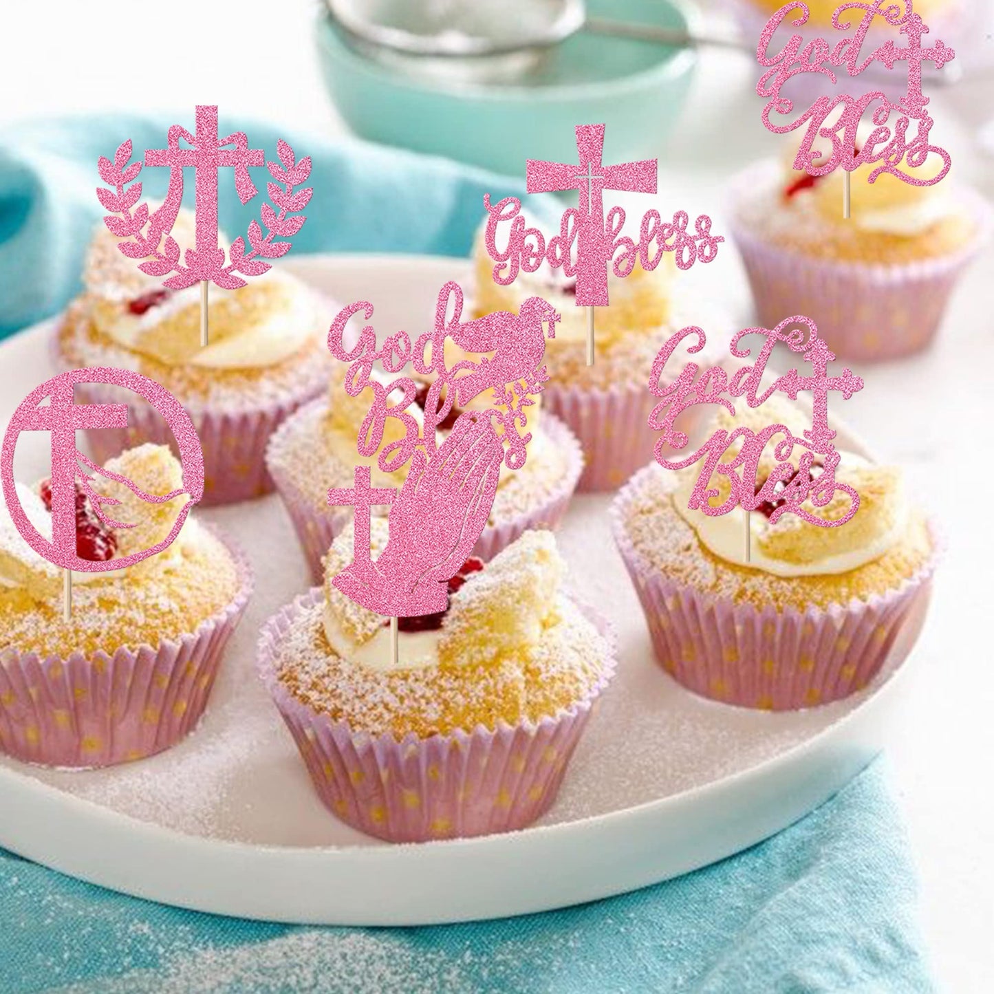 YCTHUNFISH Cupcake Toppers 24 Pack Religious Theme Pink Glitter Cross Dove of Peace Decorations for Baby Shower Kids Birthday Party