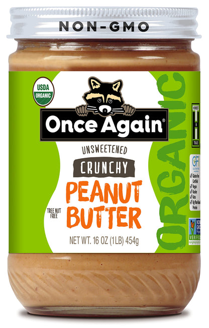 Once Again Organic Crunchy Peanut Butter, 16oz - Lightly Salted, Unsweetened - USDA Organic, Gluten Free Certified, Vegan, Koshe