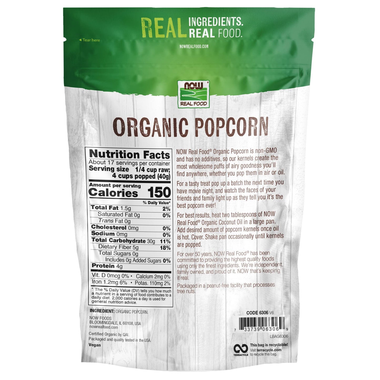 Now Foods, Organic Popcorn, Non-Gmo, No Additives Or Preservatives, Source Of Fiber, 24-Ounce (Packaging May Vary)