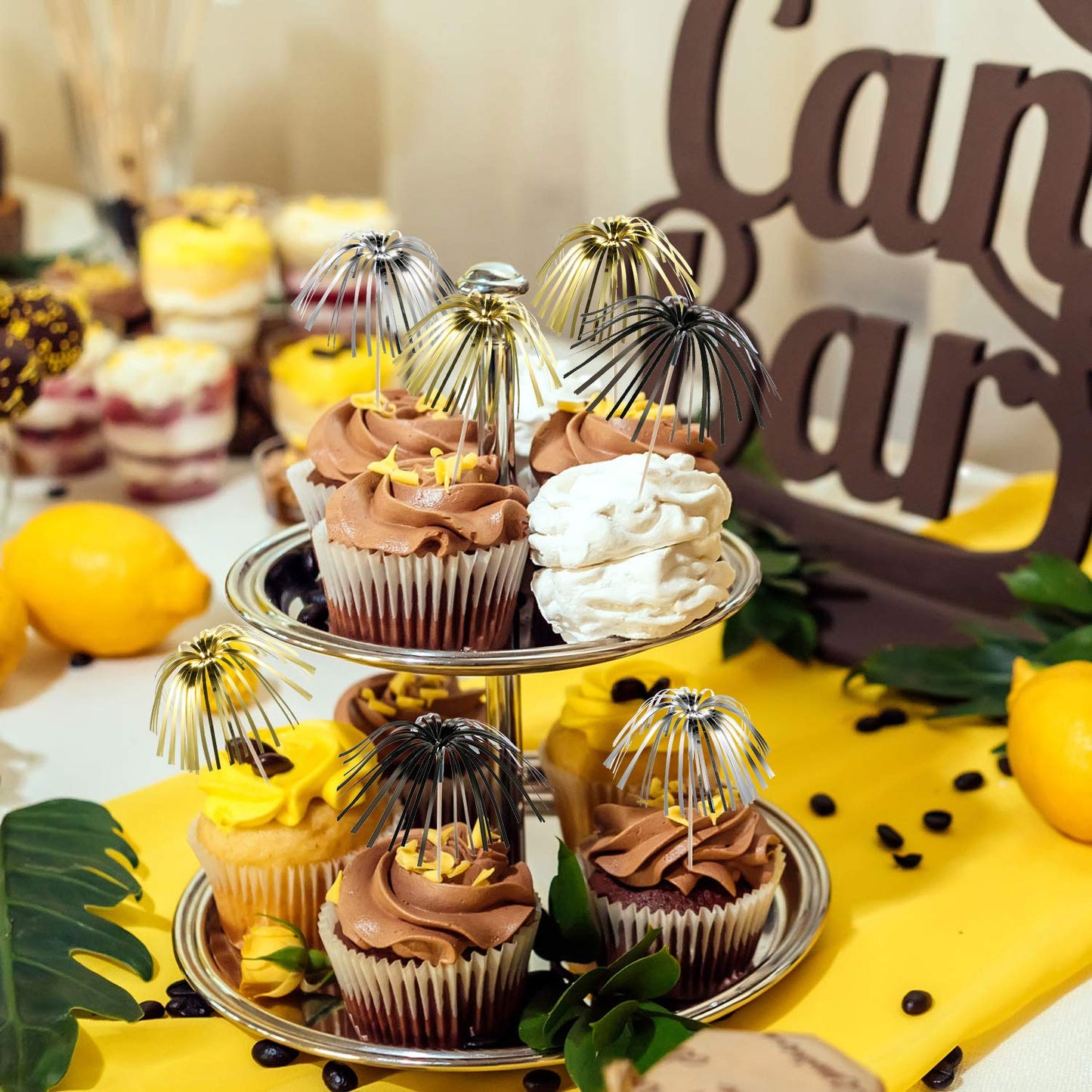TecUnite Firework Cupcake Toppers, 100 Count, 9 Inch, Black/Gold/Silver, Graduation & Halloween Party Decorations
