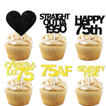 18pcs Black Gold Glitter Dessert Cupcake Pick for Straight Outta 1950 Cheer to 75 Years Old Theme Decor Supplies Happy 75th Birt