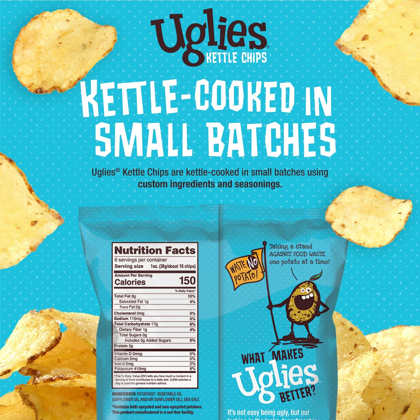 Uglies Kettle Cooked Potato Chips, Gluten Free, Kosher, Non-GMO, 6 oz Bags, Pack of 4