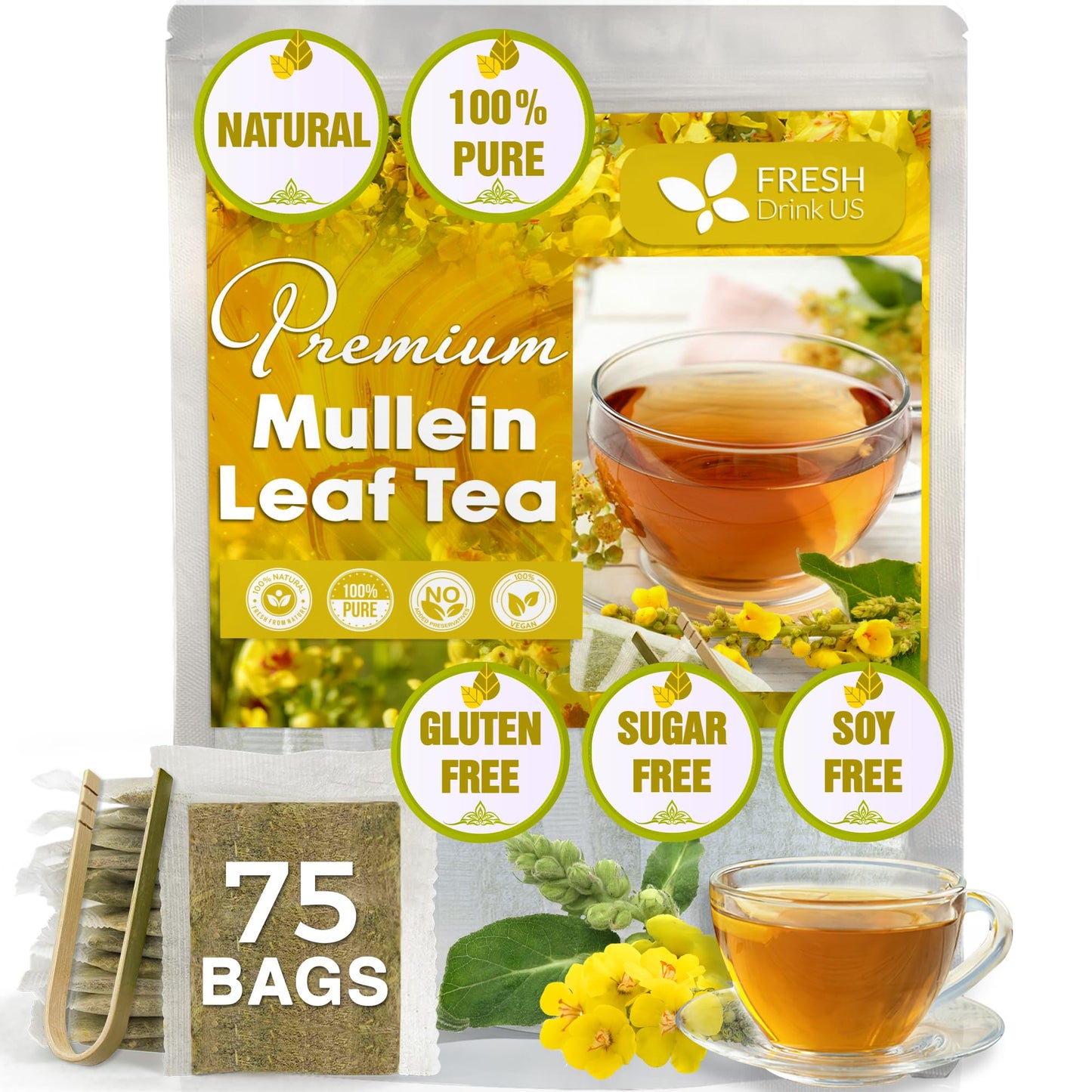 FRESHDRINKUS Mullein Leaf Herbal Tea Bags, 100% Natural, Vegan, 75 Bags